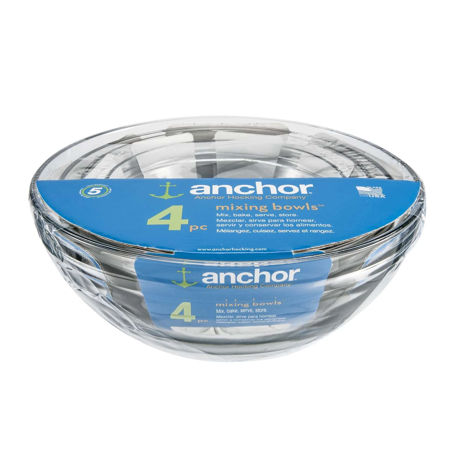 Anchor Hocking 13.5 Qt Glass Clear Mixing Bowl Set 4 Pc